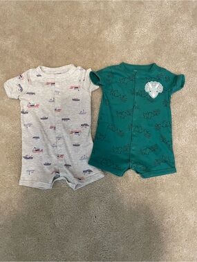Carter's Short-Sleeve Footie Set in Gray and Teal with Dino and Boat Motifs